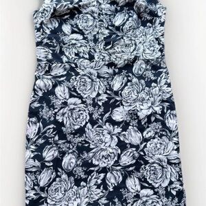 Ann Taylor Dress 10 Navy White Floral Cap Sleeve Ruched Sheath Midi Lined
